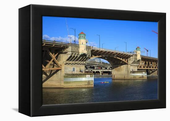 USA, Oregon, Portland, Kayakers Paddling under the Burnside Bridge-Rick A Brown-Framed Premier Image Canvas