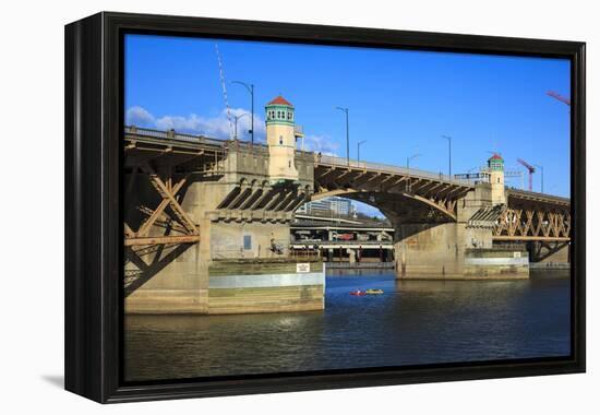 USA, Oregon, Portland, Kayakers Paddling under the Burnside Bridge-Rick A Brown-Framed Premier Image Canvas