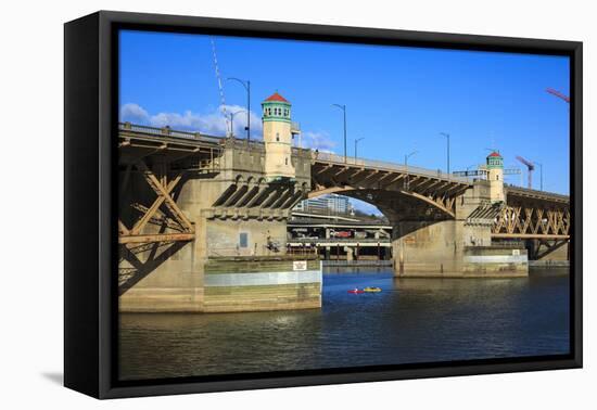 USA, Oregon, Portland, Kayakers Paddling under the Burnside Bridge-Rick A Brown-Framed Premier Image Canvas