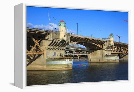 USA, Oregon, Portland, Kayakers Paddling under the Burnside Bridge-Rick A Brown-Framed Premier Image Canvas