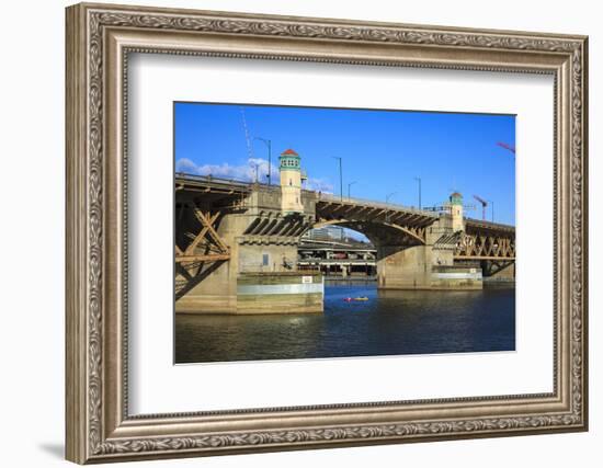 USA, Oregon, Portland, Kayakers Paddling under the Burnside Bridge-Rick A Brown-Framed Photographic Print