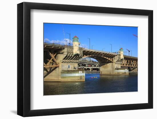 USA, Oregon, Portland, Kayakers Paddling under the Burnside Bridge-Rick A Brown-Framed Photographic Print