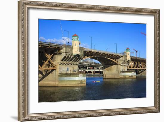 USA, Oregon, Portland, Kayakers Paddling under the Burnside Bridge-Rick A Brown-Framed Photographic Print