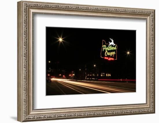 USA, Oregon, Portland. Neon sign in Old Town and traffic blur.-Jaynes Gallery-Framed Photographic Print