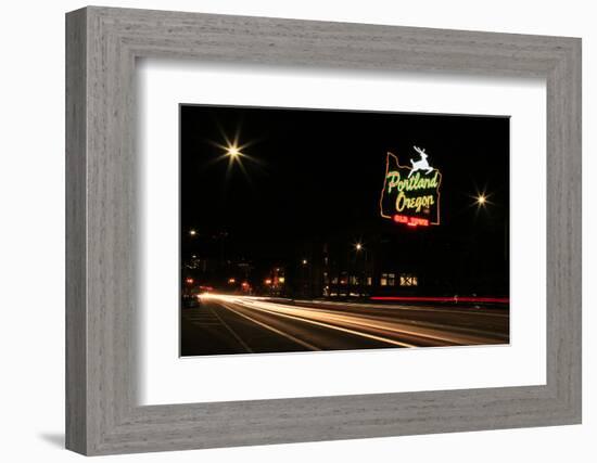 USA, Oregon, Portland. Neon sign in Old Town and traffic blur.-Jaynes Gallery-Framed Photographic Print