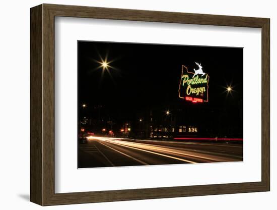 USA, Oregon, Portland. Neon sign in Old Town and traffic blur.-Jaynes Gallery-Framed Photographic Print