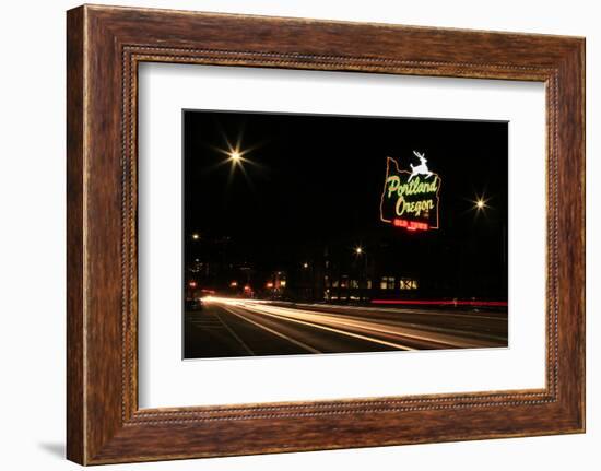 USA, Oregon, Portland. Neon sign in Old Town and traffic blur.-Jaynes Gallery-Framed Photographic Print