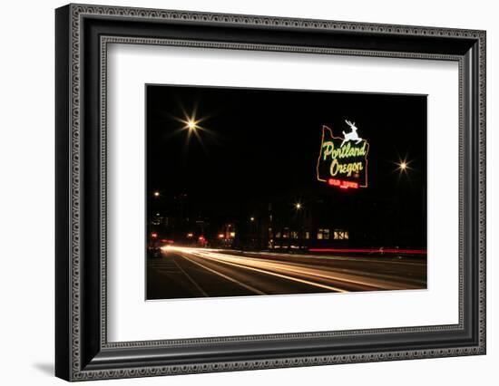 USA, Oregon, Portland. Neon sign in Old Town and traffic blur.-Jaynes Gallery-Framed Photographic Print