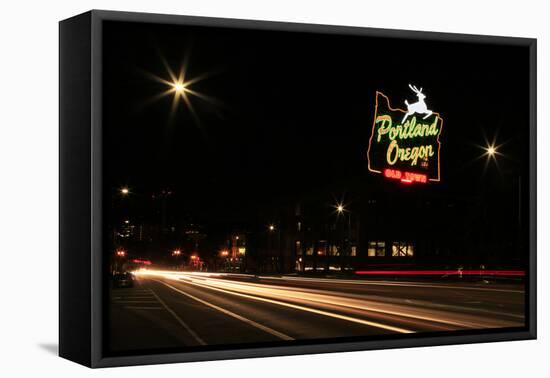 USA, Oregon, Portland. Neon sign in Old Town and traffic blur.-Jaynes Gallery-Framed Premier Image Canvas