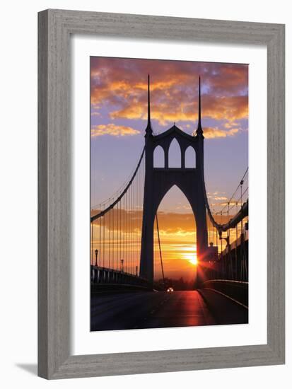 USA, Oregon, Portland. St. Johns Bridge at sunrise.-Jaynes Gallery-Framed Premium Photographic Print