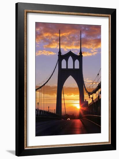 USA, Oregon, Portland. St. Johns Bridge at sunrise.-Jaynes Gallery-Framed Premium Photographic Print