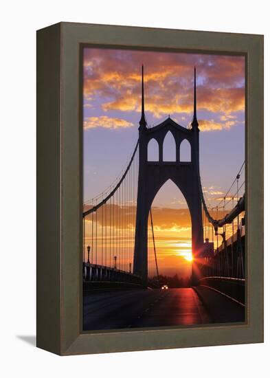 USA, Oregon, Portland. St. Johns Bridge at sunrise.-Jaynes Gallery-Framed Premier Image Canvas