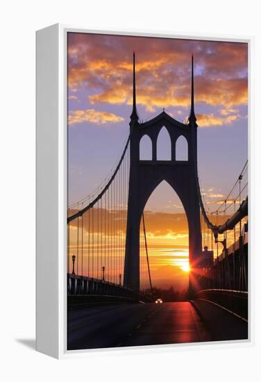 USA, Oregon, Portland. St. Johns Bridge at sunrise.-Jaynes Gallery-Framed Premier Image Canvas