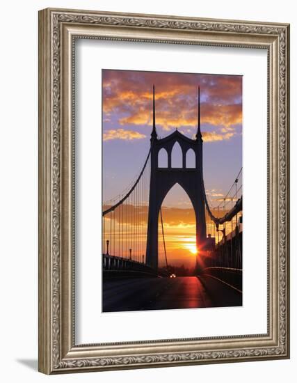 USA, Oregon, Portland. St. Johns Bridge at sunrise.-Jaynes Gallery-Framed Photographic Print