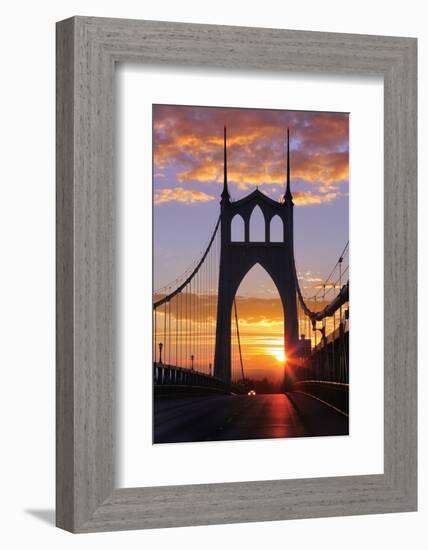 USA, Oregon, Portland. St. Johns Bridge at sunrise.-Jaynes Gallery-Framed Photographic Print