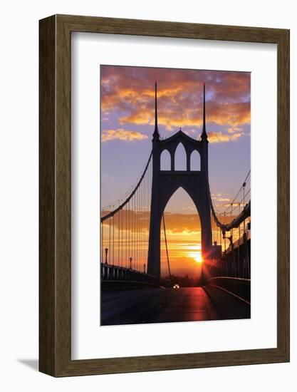 USA, Oregon, Portland. St. Johns Bridge at sunrise.-Jaynes Gallery-Framed Photographic Print