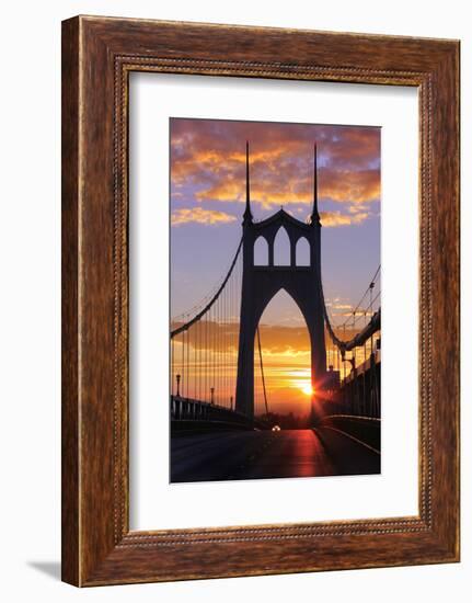 USA, Oregon, Portland. St. Johns Bridge at sunrise.-Jaynes Gallery-Framed Photographic Print