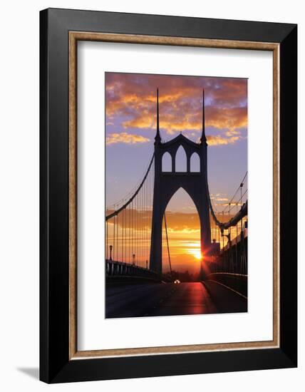 USA, Oregon, Portland. St. Johns Bridge at sunrise.-Jaynes Gallery-Framed Photographic Print