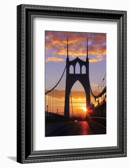 USA, Oregon, Portland. St. Johns Bridge at sunrise.-Jaynes Gallery-Framed Photographic Print