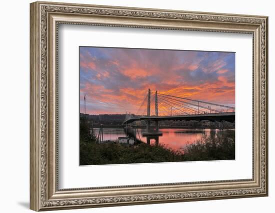 USA, Oregon, Portland. Tilikum Bridge Crossing and Willamette River at sunset.-Jaynes Gallery-Framed Photographic Print