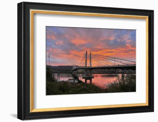 USA, Oregon, Portland. Tilikum Bridge Crossing and Willamette River at sunset.-Jaynes Gallery-Framed Photographic Print