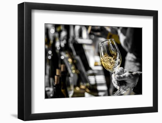USA, Oregon, Portland. White wine swirl in glass at Portland wine tasting event.-Richard Duval-Framed Photographic Print