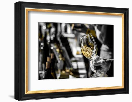 USA, Oregon, Portland. White wine swirl in glass at Portland wine tasting event.-Richard Duval-Framed Photographic Print