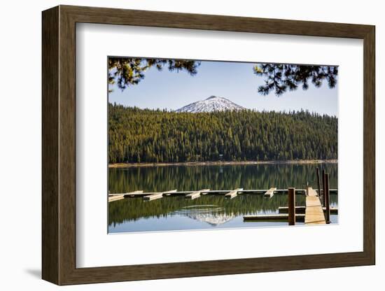 USA, Oregon. Sparks Lake Recreation Area, Elk Lake, docks with Mt. Bachelor.-Alison Jones-Framed Photographic Print