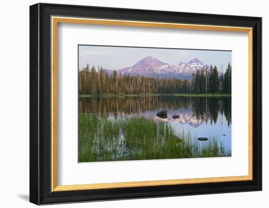 Usa, Pacific Northwest, Oregon Cascades, Scott Lake with Three Sisters Mountains-Christian Heeb-Framed Photographic Print