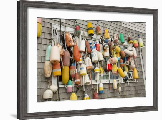 USA, Rhode Island, Block Island. Fishing buoys and floats on a wall.-Cindy Miller Hopkins-Framed Photographic Print