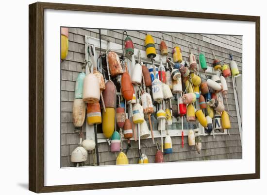 USA, Rhode Island, Block Island. Fishing buoys and floats on a wall.-Cindy Miller Hopkins-Framed Photographic Print