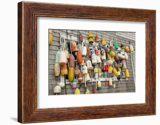 USA, Rhode Island, Block Island. Fishing buoys and floats on a wall.-Cindy Miller Hopkins-Framed Photographic Print