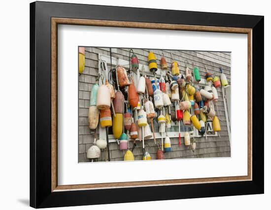 USA, Rhode Island, Block Island. Fishing buoys and floats on a wall.-Cindy Miller Hopkins-Framed Photographic Print