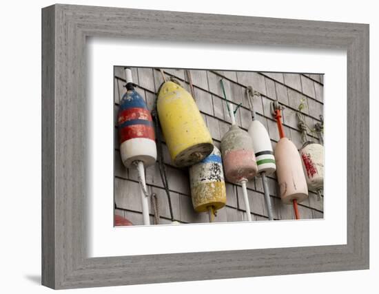 USA, Rhode Island, Block Island. Fishing buoys and floats on a wall.-Cindy Miller Hopkins-Framed Photographic Print