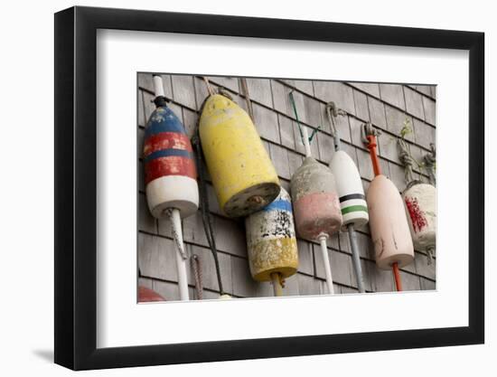 USA, Rhode Island, Block Island. Fishing buoys and floats on a wall.-Cindy Miller Hopkins-Framed Photographic Print