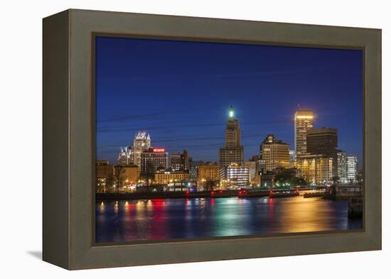 USA, Rhode Island, Providence, city skyline from the Providence River at dusk-Walter Bibikow-Framed Premier Image Canvas