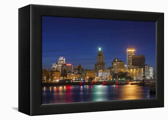 USA, Rhode Island, Providence, city skyline from the Providence River at dusk-Walter Bibikow-Framed Premier Image Canvas