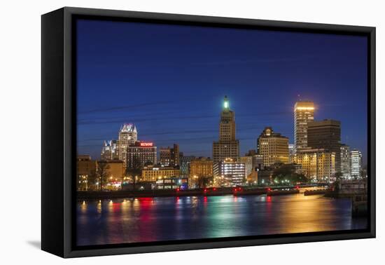 USA, Rhode Island, Providence, city skyline from the Providence River at dusk-Walter Bibikow-Framed Premier Image Canvas