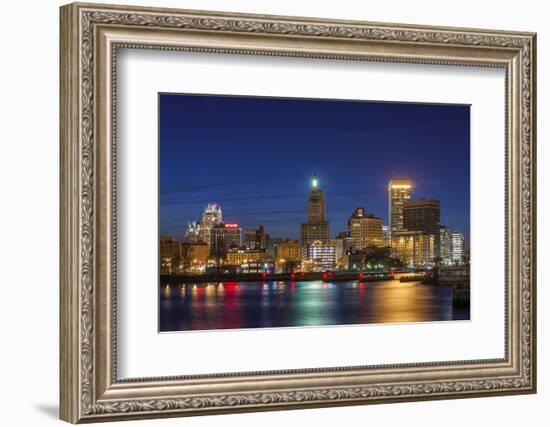 USA, Rhode Island, Providence, city skyline from the Providence River at dusk-Walter Bibikow-Framed Photographic Print