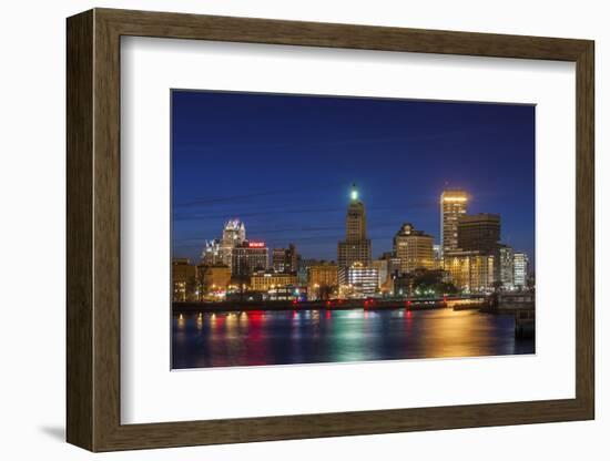 USA, Rhode Island, Providence, city skyline from the Providence River at dusk-Walter Bibikow-Framed Photographic Print