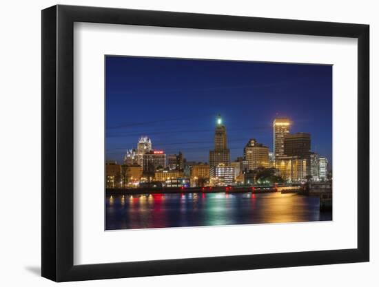 USA, Rhode Island, Providence, city skyline from the Providence River at dusk-Walter Bibikow-Framed Photographic Print