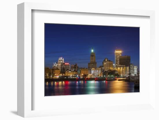 USA, Rhode Island, Providence, city skyline from the Providence River at dusk-Walter Bibikow-Framed Photographic Print