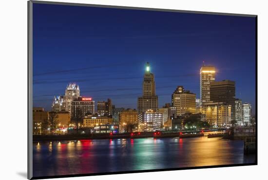 USA, Rhode Island, Providence, city skyline from the Providence River at dusk-Walter Bibikow-Mounted Photographic Print