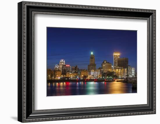 USA, Rhode Island, Providence, city skyline from the Providence River at dusk-Walter Bibikow-Framed Photographic Print