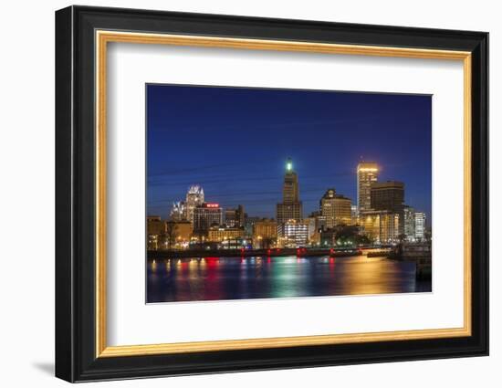 USA, Rhode Island, Providence, city skyline from the Providence River at dusk-Walter Bibikow-Framed Photographic Print