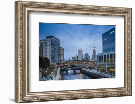 USA, Rhode Island, Providence, city skyline from Waterplace Park at dusk-Walter Bibikow-Framed Photographic Print