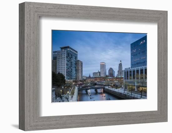 USA, Rhode Island, Providence, city skyline from Waterplace Park at dusk-Walter Bibikow-Framed Photographic Print