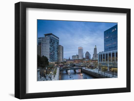 USA, Rhode Island, Providence, city skyline from Waterplace Park at dusk-Walter Bibikow-Framed Photographic Print