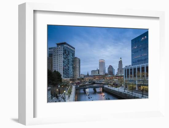 USA, Rhode Island, Providence, city skyline from Waterplace Park at dusk-Walter Bibikow-Framed Photographic Print