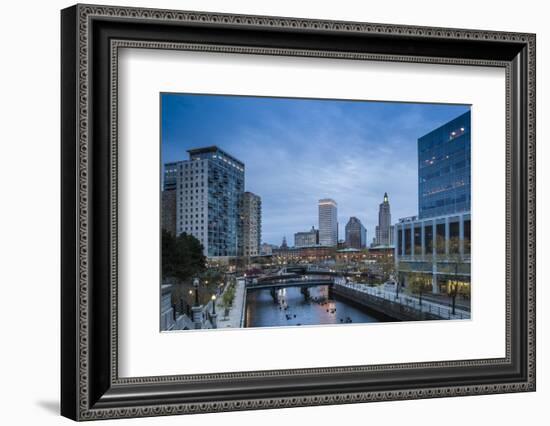 USA, Rhode Island, Providence, city skyline from Waterplace Park at dusk-Walter Bibikow-Framed Photographic Print